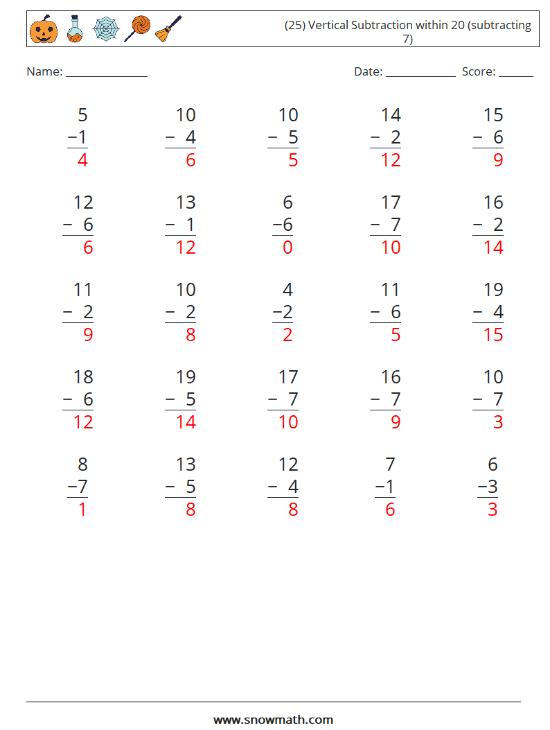 (25) Vertical Subtraction within 20 (subtracting 7) Math Worksheets 4 Question, Answer