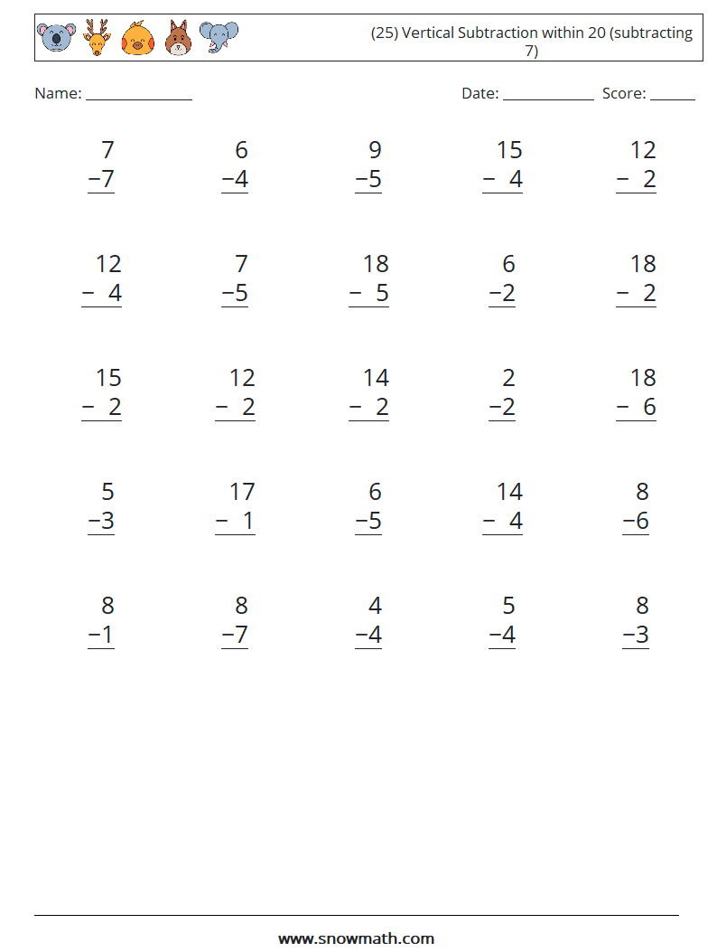 (25) Vertical Subtraction within 20 (subtracting 7) Math Worksheets 5