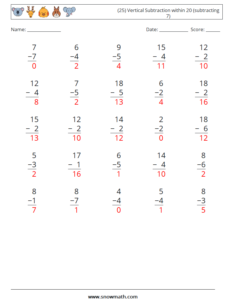 (25) Vertical Subtraction within 20 (subtracting 7) Math Worksheets 5 Question, Answer