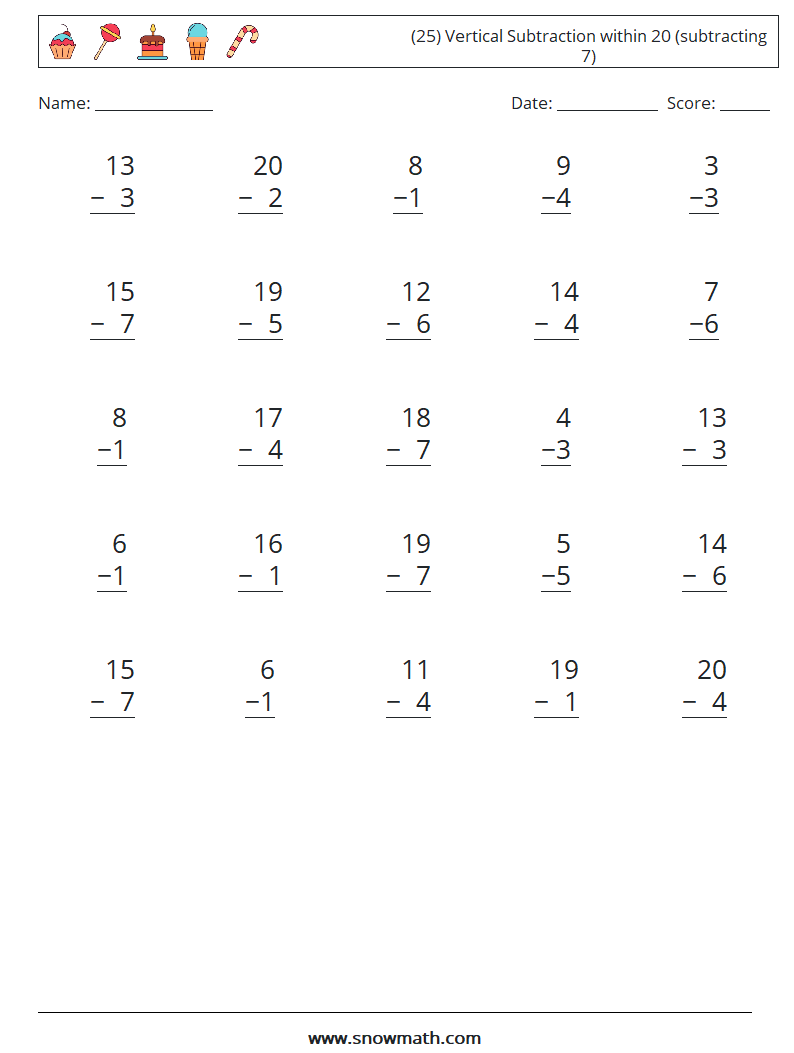 (25) Vertical Subtraction within 20 (subtracting 7) Math Worksheets 6