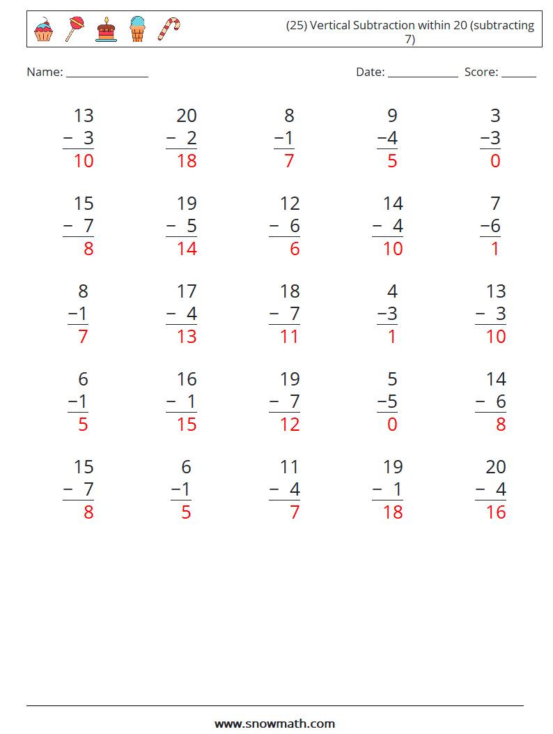 (25) Vertical Subtraction within 20 (subtracting 7) Math Worksheets 6 Question, Answer