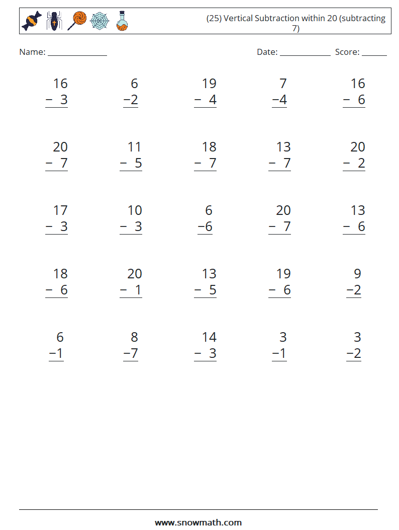 (25) Vertical Subtraction within 20 (subtracting 7) Math Worksheets 7