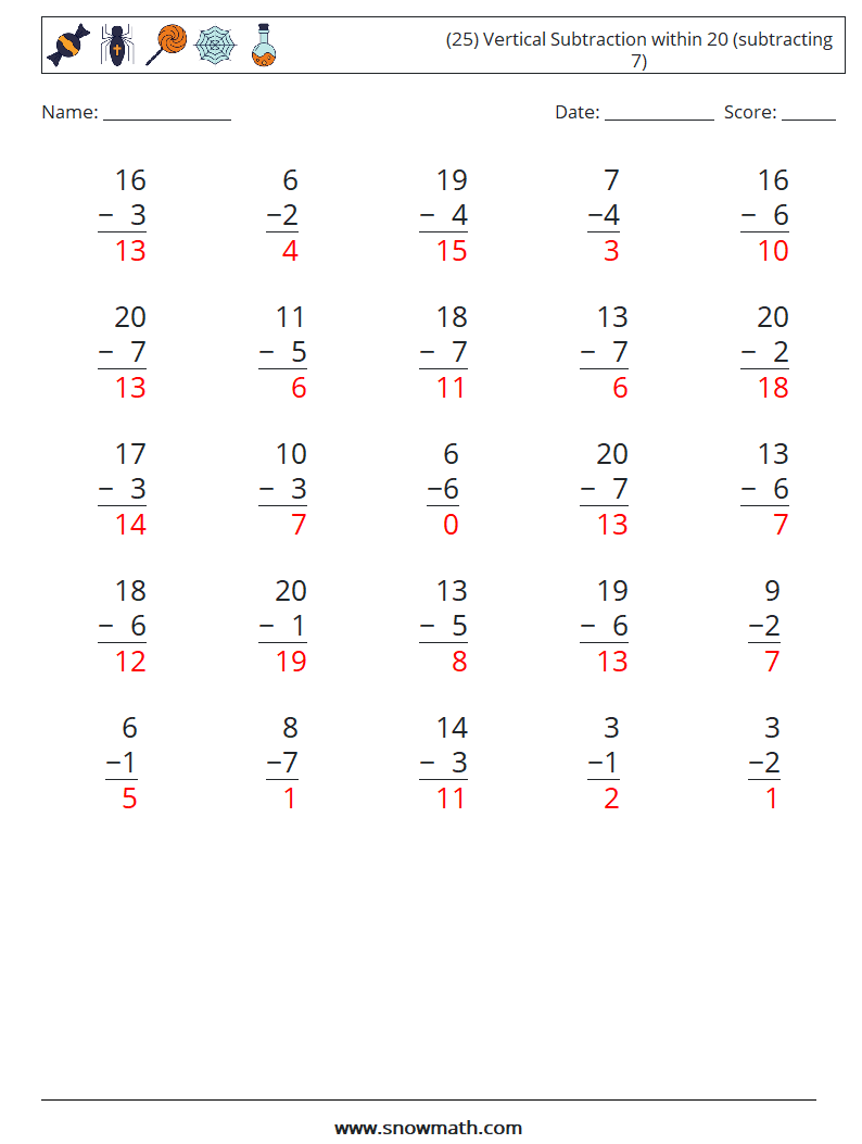 (25) Vertical Subtraction within 20 (subtracting 7) Math Worksheets 7 Question, Answer