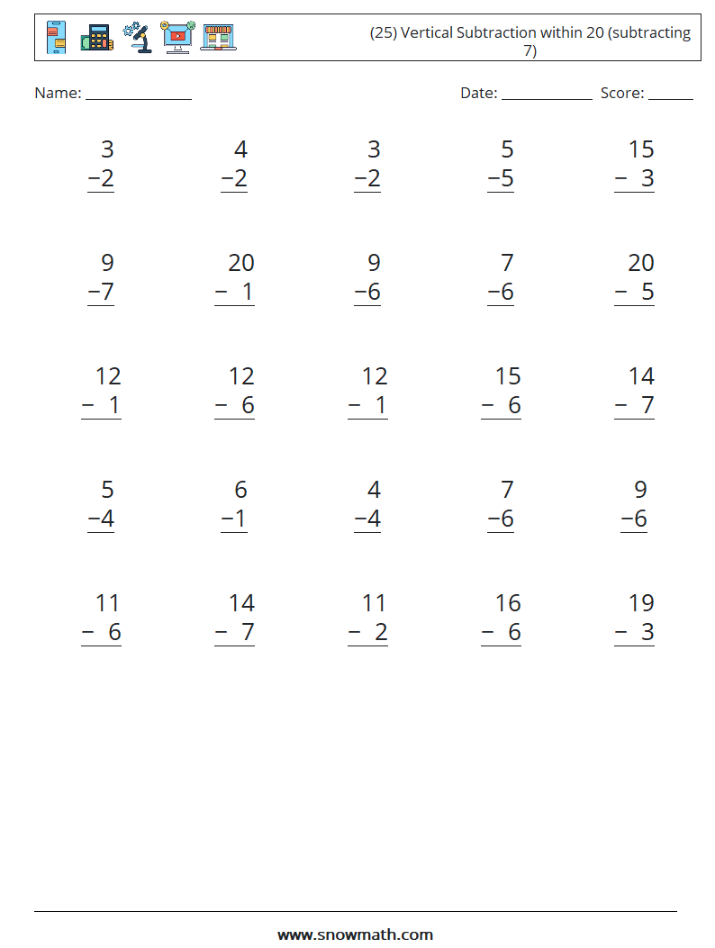 (25) Vertical Subtraction within 20 (subtracting 7) Math Worksheets 9