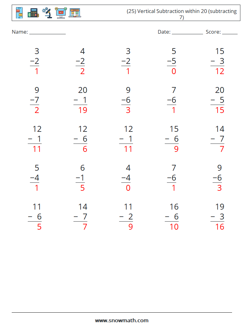 (25) Vertical Subtraction within 20 (subtracting 7) Math Worksheets 9 Question, Answer
