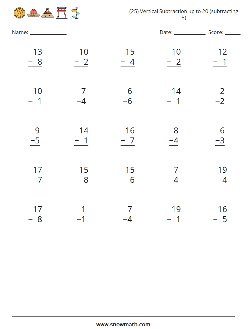 (25) Vertical Subtraction up to 20 (subtracting 8) Math Worksheets 1