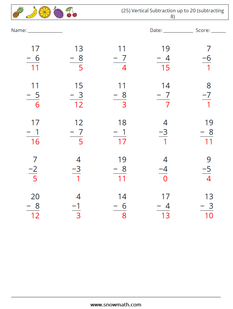 (25) Vertical Subtraction up to 20 (subtracting 8) Math Worksheets 10 Question, Answer