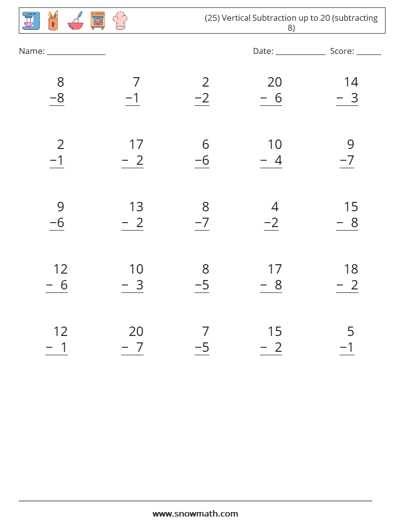 (25) Vertical Subtraction up to 20 (subtracting 8) Math Worksheets 11