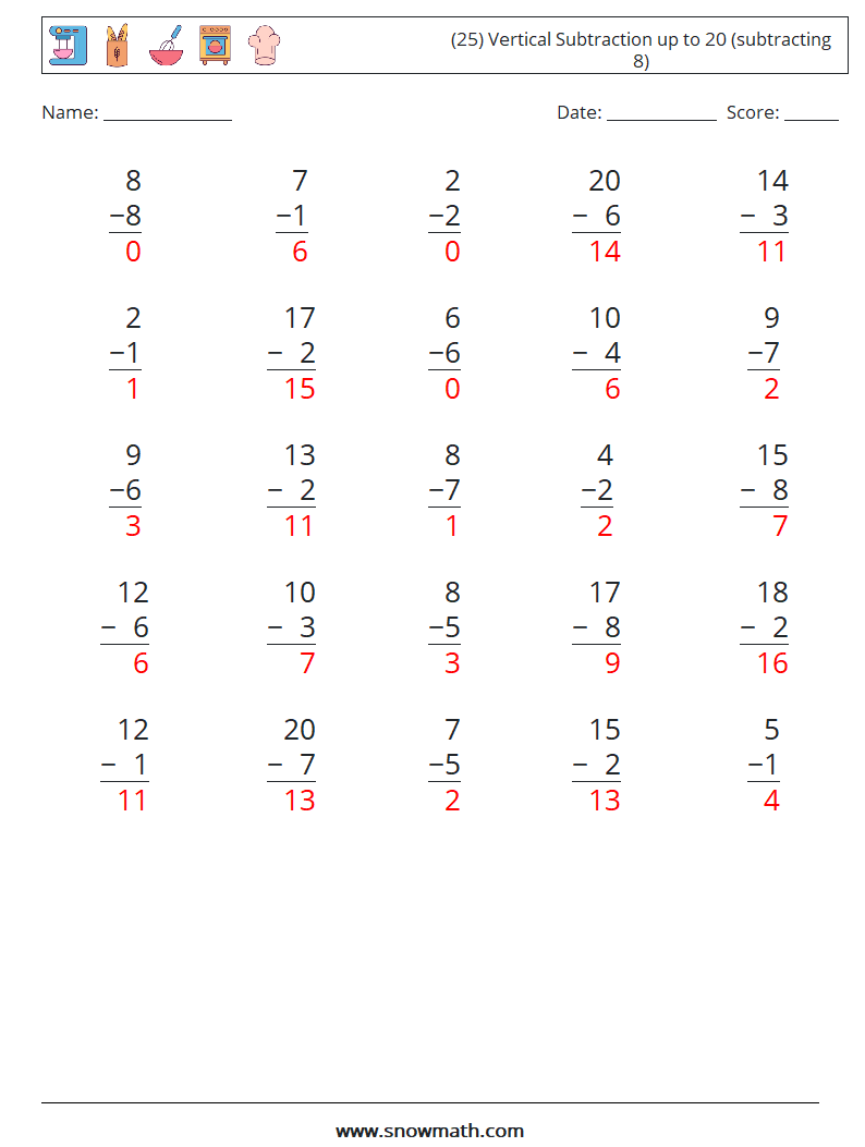 (25) Vertical Subtraction up to 20 (subtracting 8) Math Worksheets 11 Question, Answer