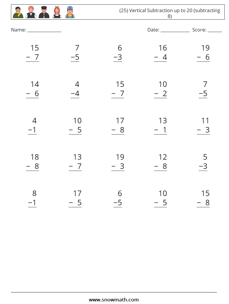 (25) Vertical Subtraction up to 20 (subtracting 8) Math Worksheets 12