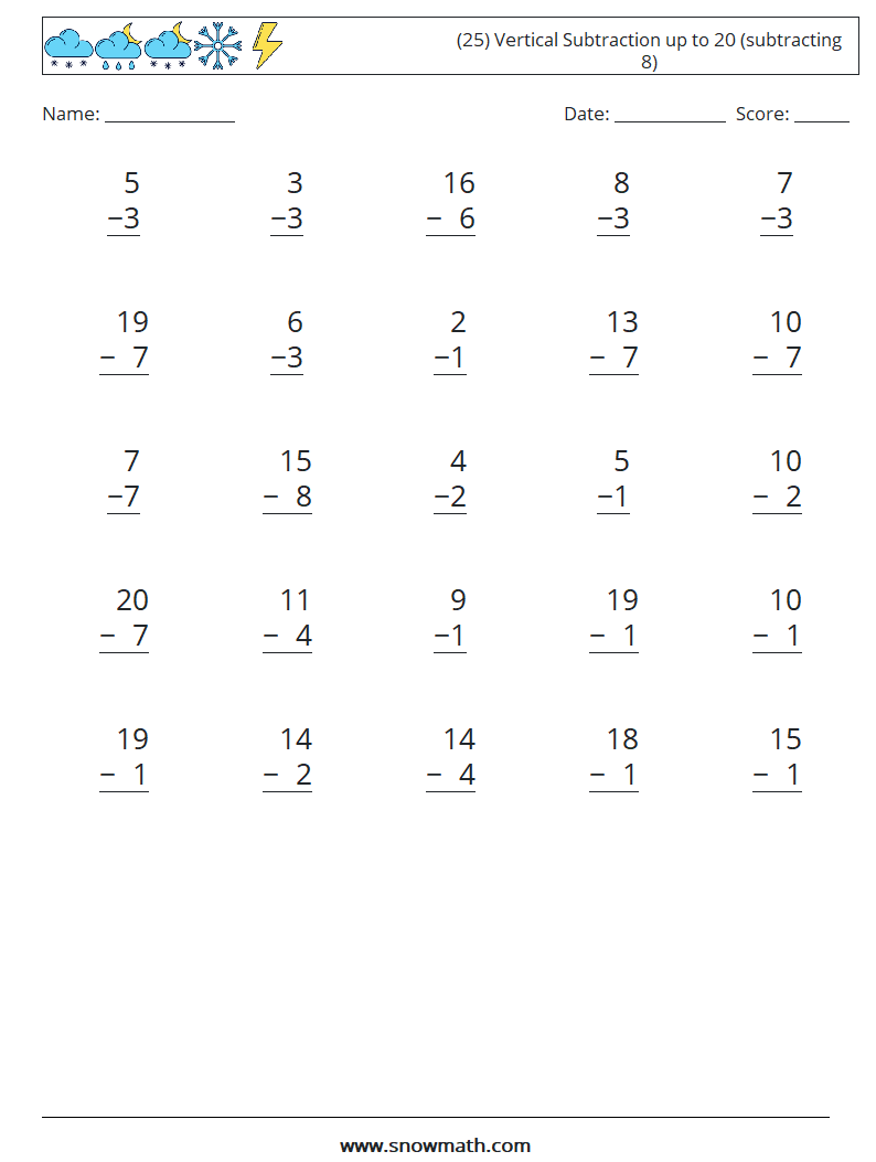 (25) Vertical Subtraction up to 20 (subtracting 8) Math Worksheets 13