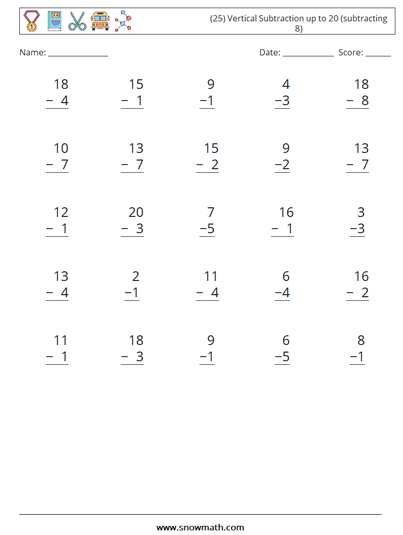 (25) Vertical Subtraction up to 20 (subtracting 8) Math Worksheets 14