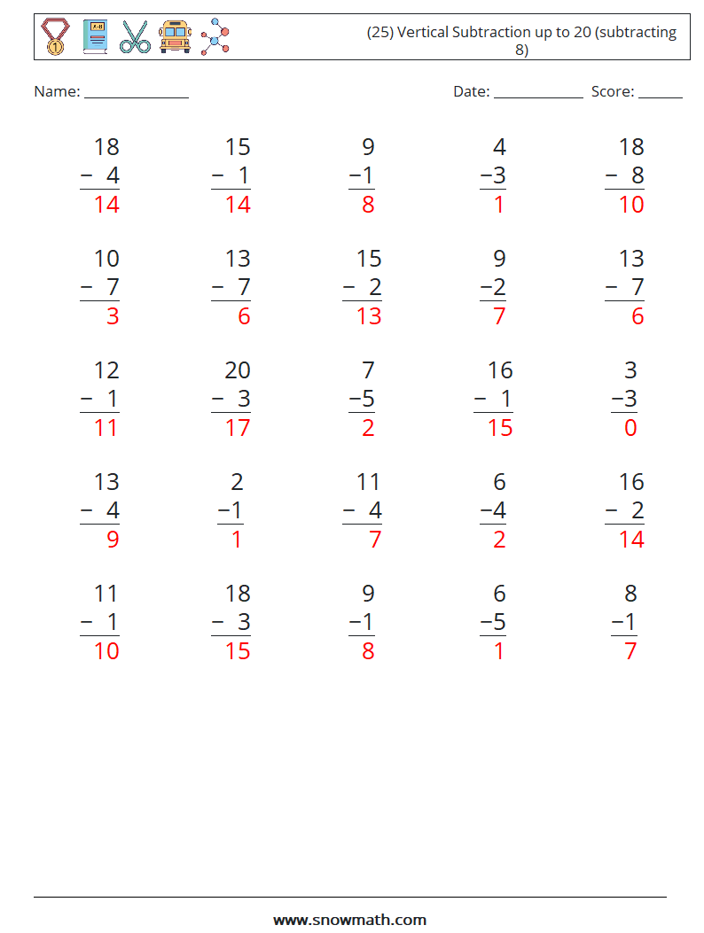 (25) Vertical Subtraction up to 20 (subtracting 8) Math Worksheets 14 Question, Answer