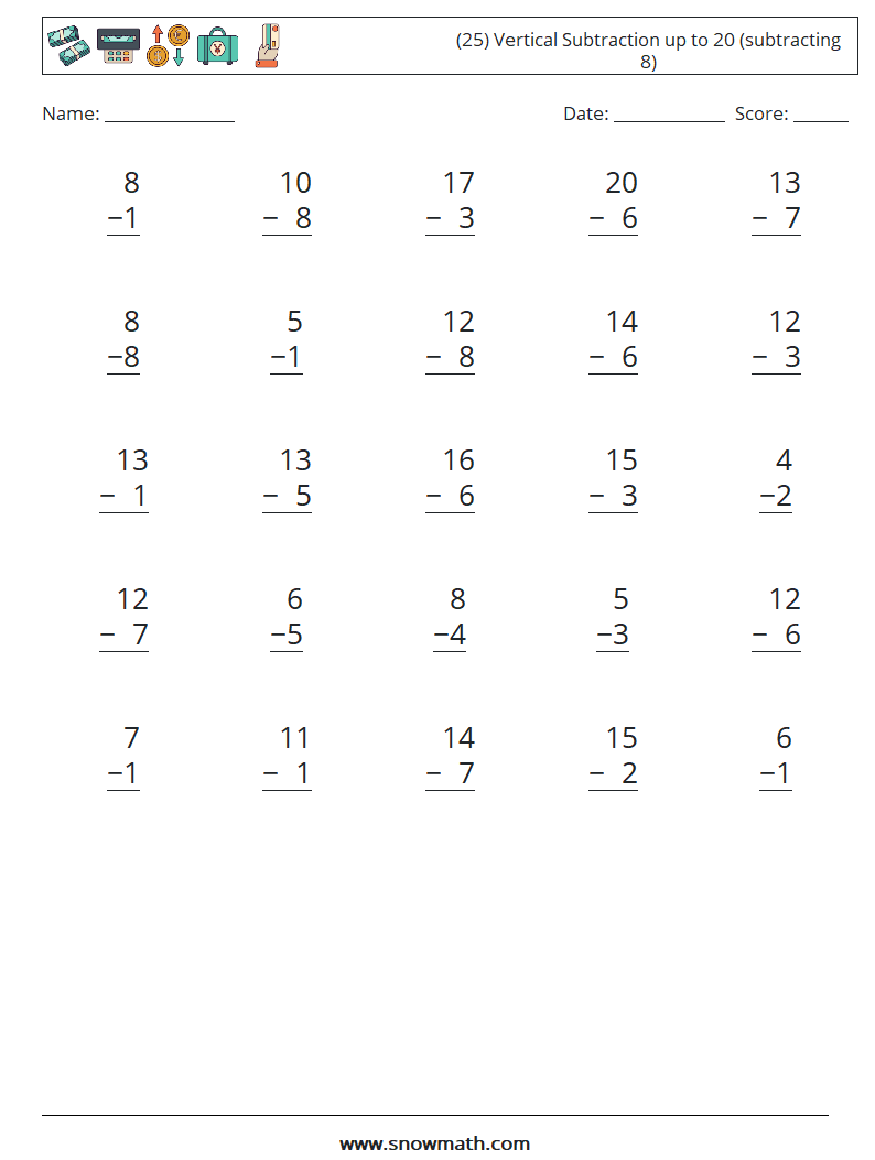 (25) Vertical Subtraction up to 20 (subtracting 8) Math Worksheets 15