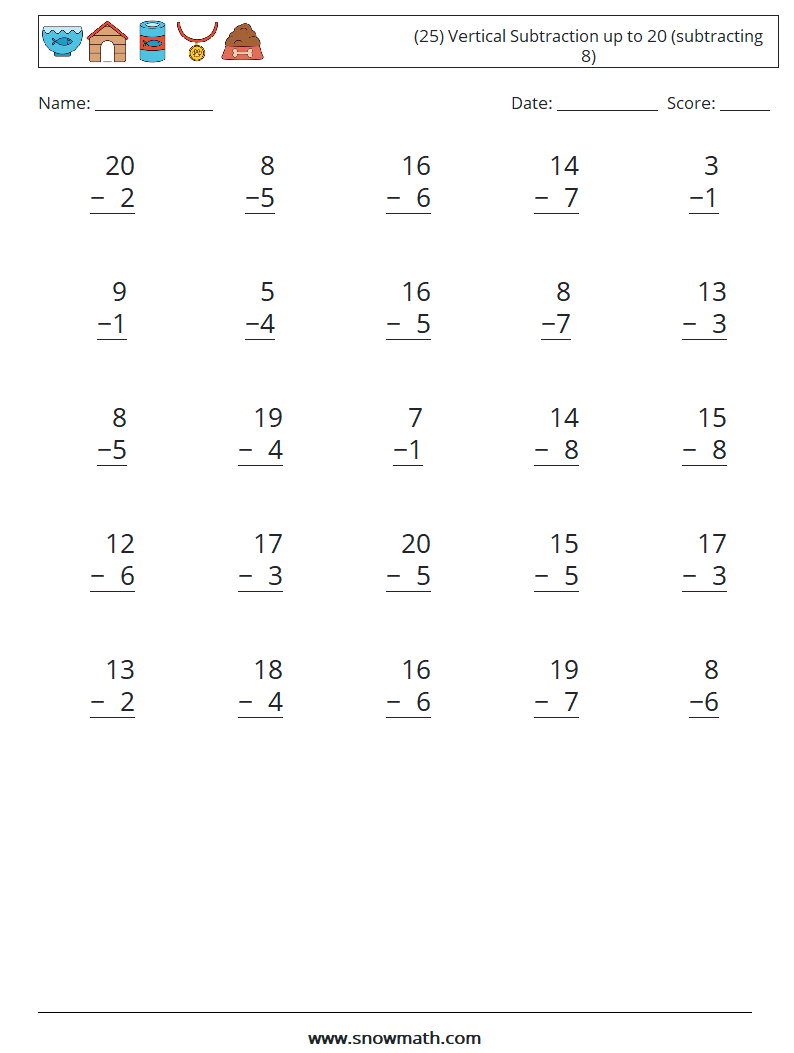 (25) Vertical Subtraction up to 20 (subtracting 8) Math Worksheets 16