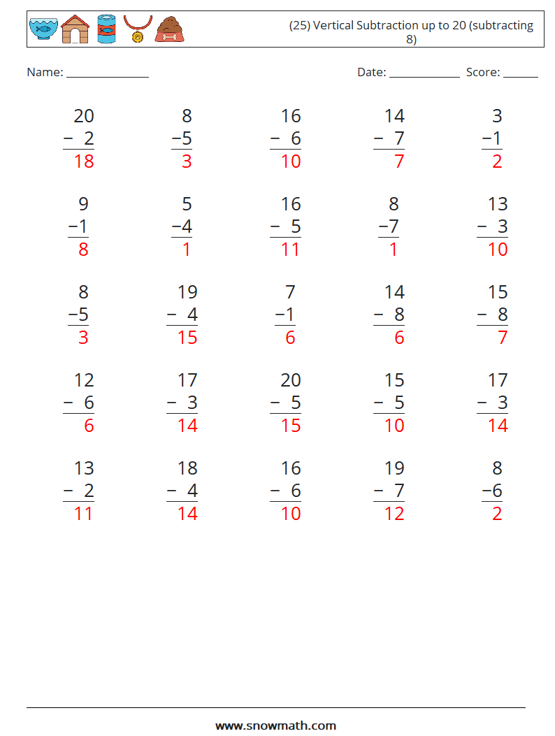 (25) Vertical Subtraction up to 20 (subtracting 8) Math Worksheets 16 Question, Answer