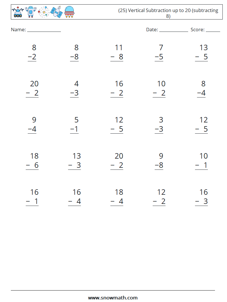 (25) Vertical Subtraction up to 20 (subtracting 8) Math Worksheets 18