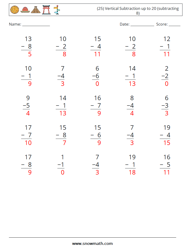 (25) Vertical Subtraction up to 20 (subtracting 8) Math Worksheets 1 Question, Answer