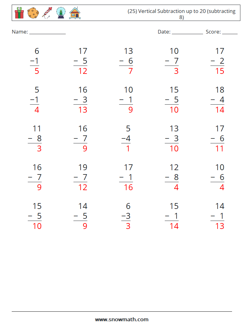 (25) Vertical Subtraction up to 20 (subtracting 8) Math Worksheets 2 Question, Answer