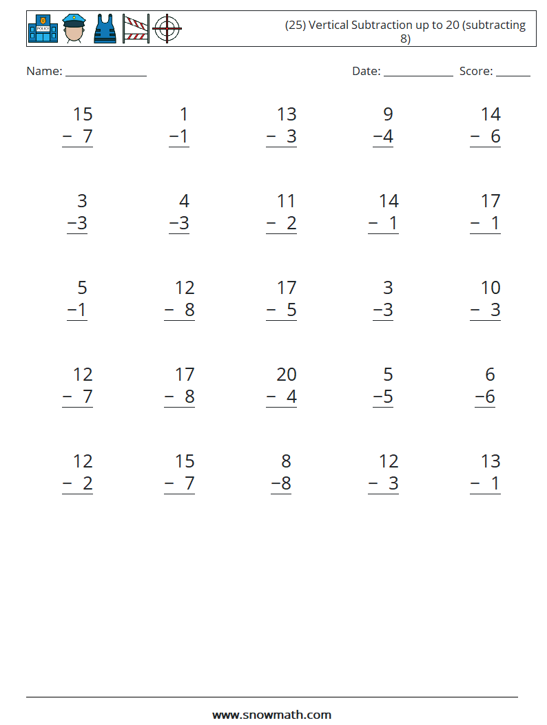(25) Vertical Subtraction up to 20 (subtracting 8) Math Worksheets 3