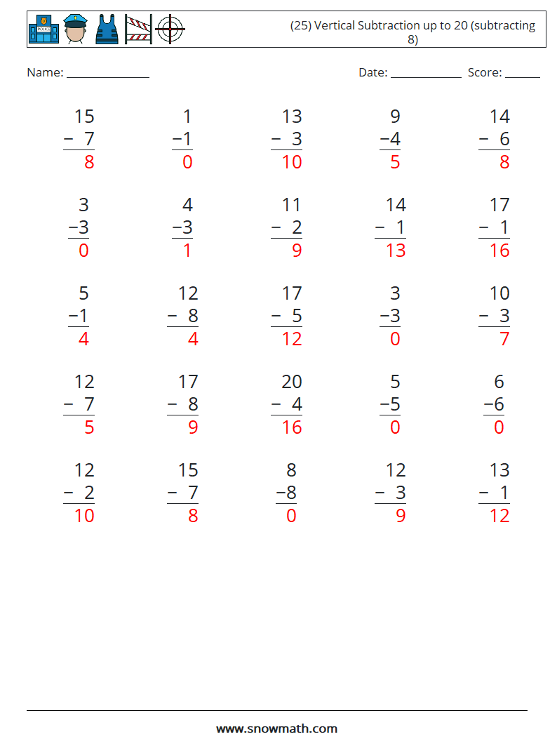 (25) Vertical Subtraction up to 20 (subtracting 8) Math Worksheets 3 Question, Answer