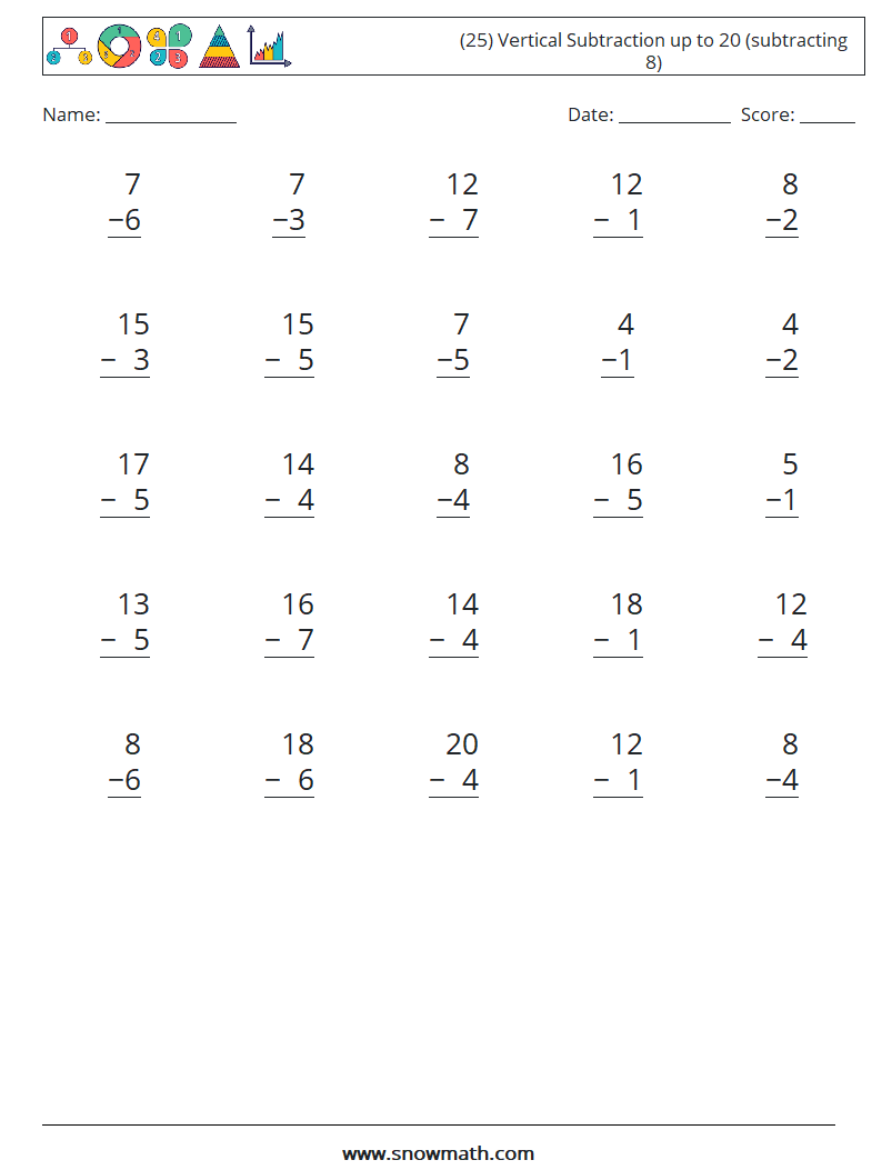 (25) Vertical Subtraction up to 20 (subtracting 8) Math Worksheets 4