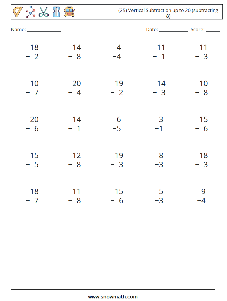 (25) Vertical Subtraction up to 20 (subtracting 8) Math Worksheets 5