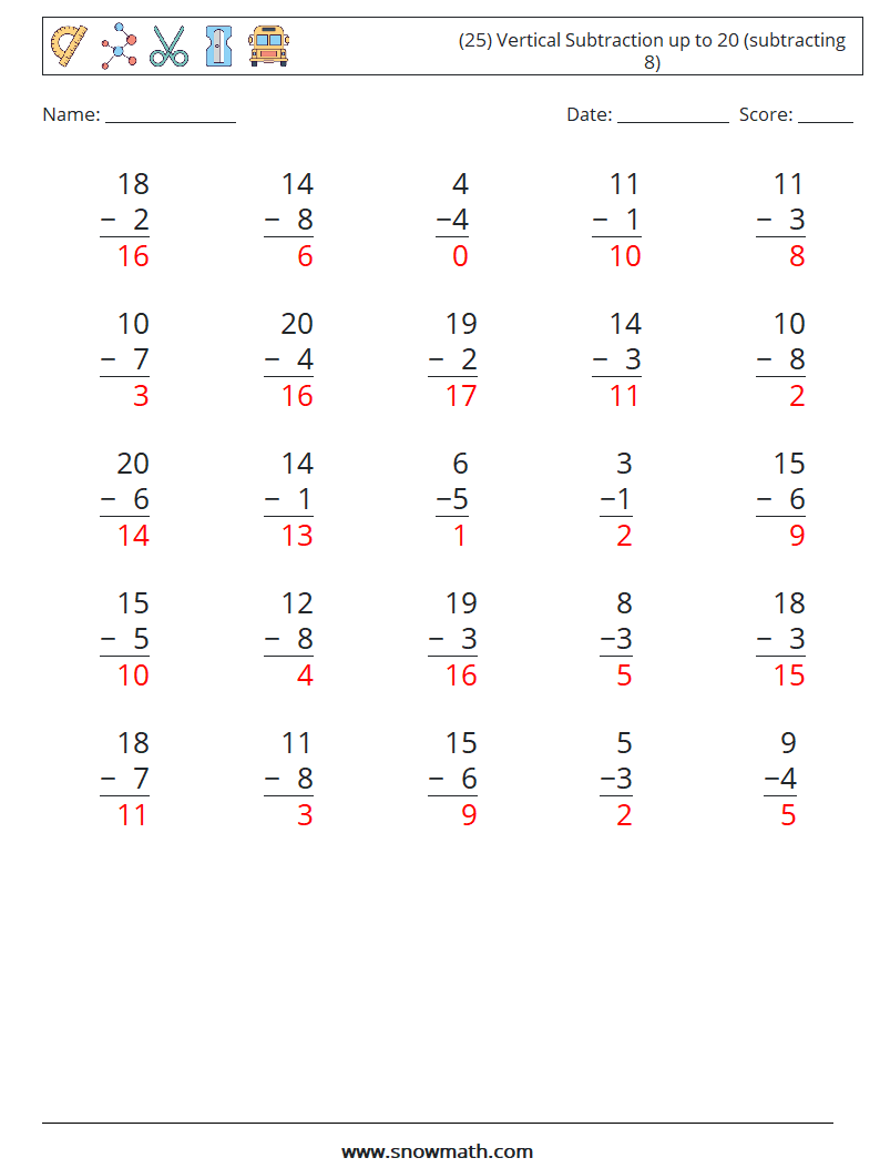 (25) Vertical Subtraction up to 20 (subtracting 8) Math Worksheets 5 Question, Answer