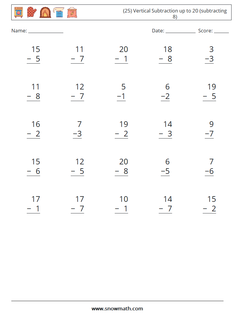 (25) Vertical Subtraction up to 20 (subtracting 8) Math Worksheets 7