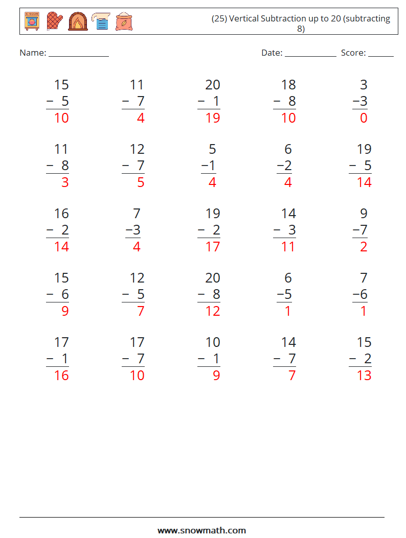 (25) Vertical Subtraction up to 20 (subtracting 8) Math Worksheets 7 Question, Answer