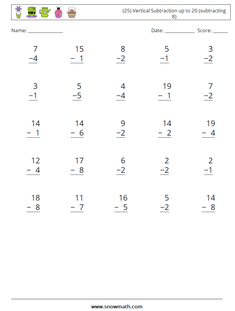 (25) Vertical Subtraction up to 20 (subtracting 8) Math Worksheets 8