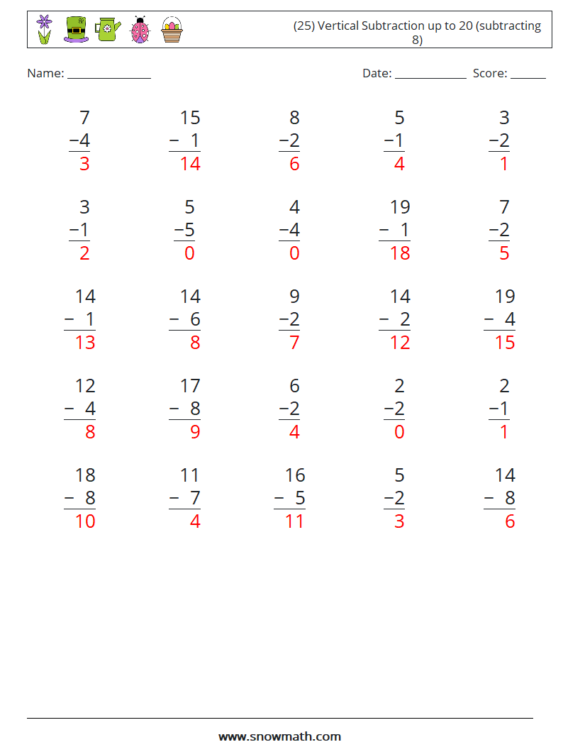 (25) Vertical Subtraction up to 20 (subtracting 8) Math Worksheets 8 Question, Answer