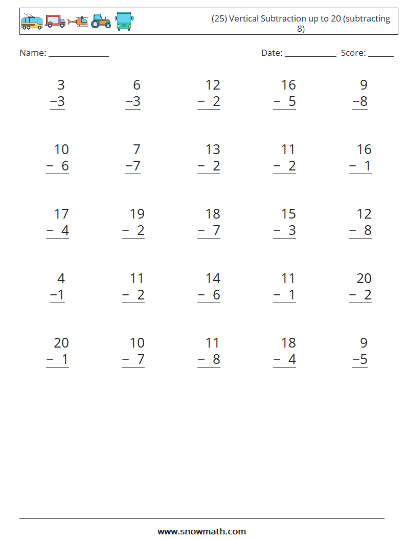 (25) Vertical Subtraction up to 20 (subtracting 8) Math Worksheets 9