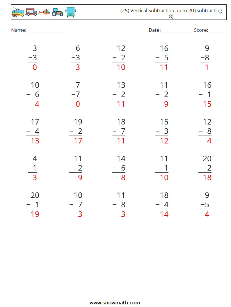(25) Vertical Subtraction up to 20 (subtracting 8) Math Worksheets 9 Question, Answer