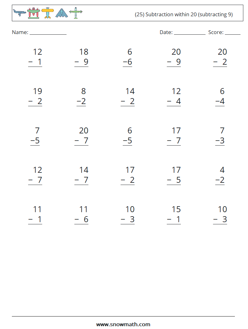(25) Subtraction within 20 (subtracting 9) Math Worksheets 1