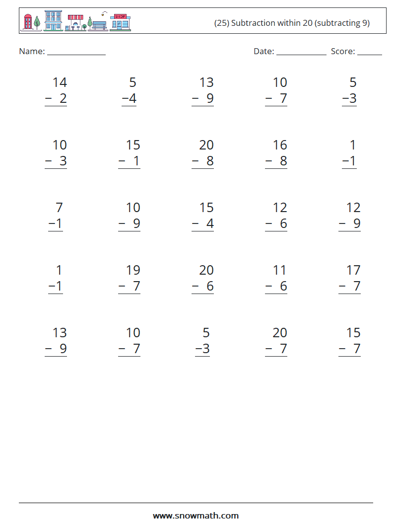 (25) Subtraction within 20 (subtracting 9) Math Worksheets 10