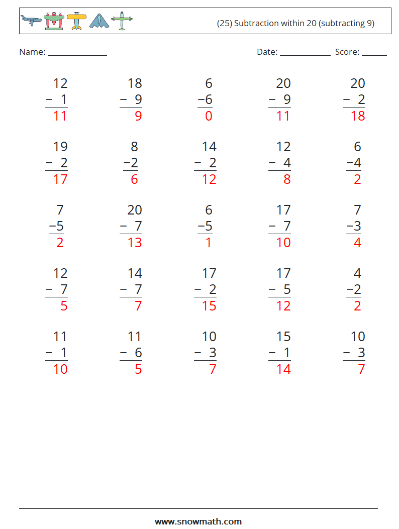 (25) Subtraction within 20 (subtracting 9) Math Worksheets 1 Question, Answer