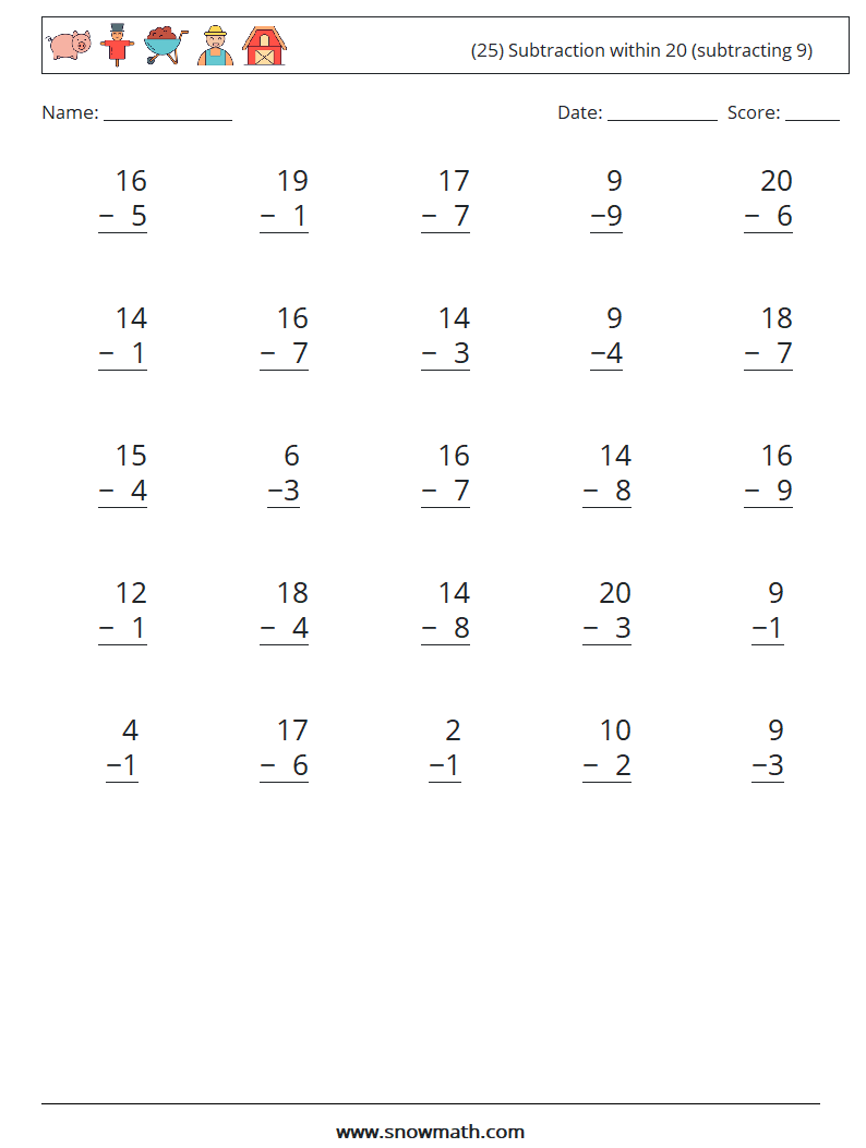 (25) Subtraction within 20 (subtracting 9) Math Worksheets 2