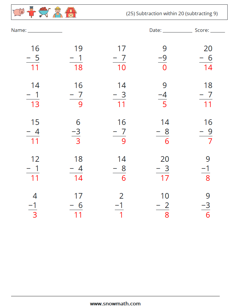 (25) Subtraction within 20 (subtracting 9) Math Worksheets 2 Question, Answer