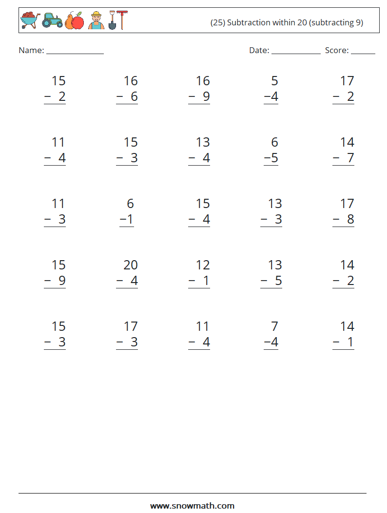 (25) Subtraction within 20 (subtracting 9) Math Worksheets 3