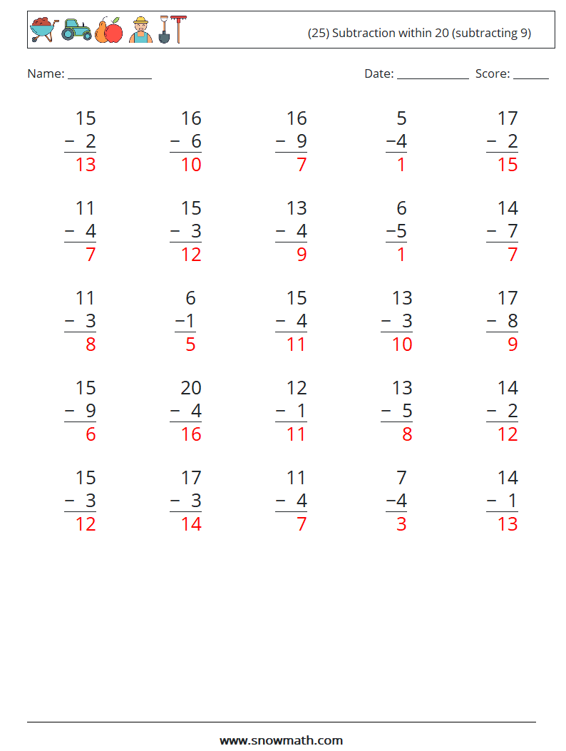 (25) Subtraction within 20 (subtracting 9) Math Worksheets 3 Question, Answer