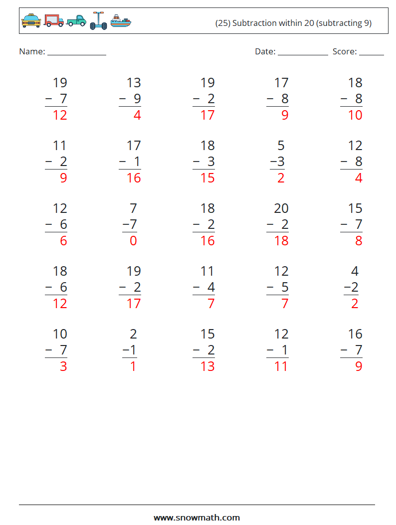 (25) Subtraction within 20 (subtracting 9) Math Worksheets 4 Question, Answer