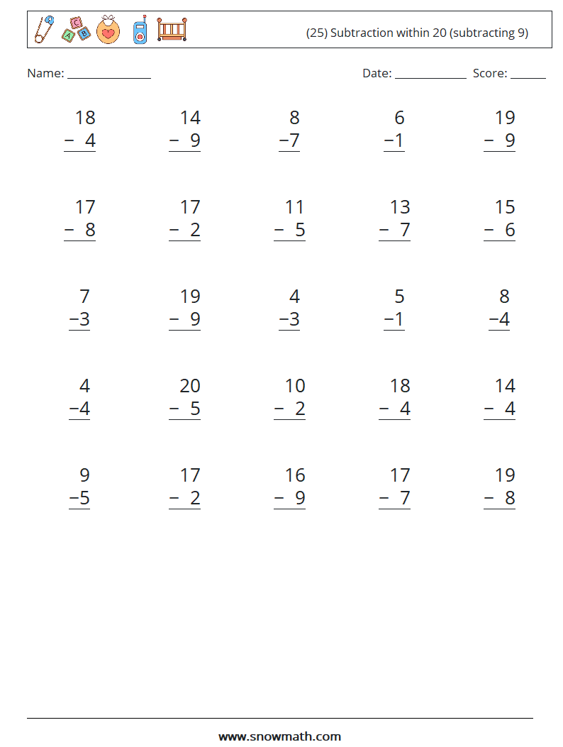 (25) Subtraction within 20 (subtracting 9) Math Worksheets 5