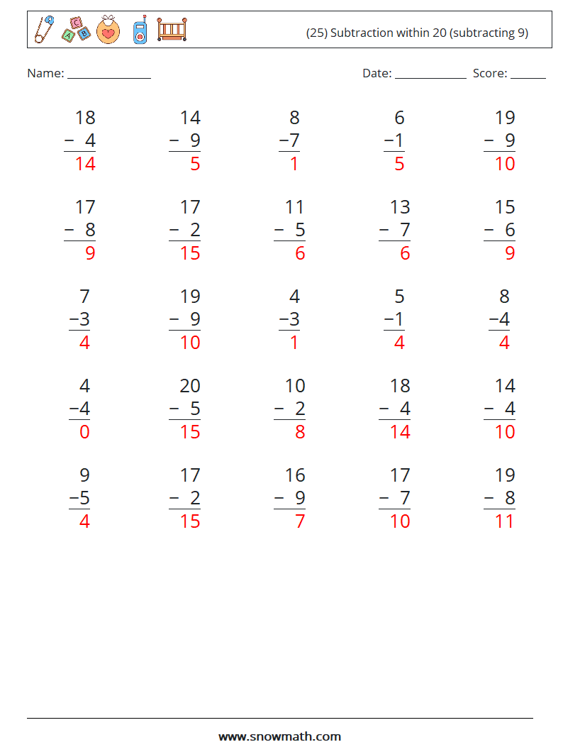 (25) Subtraction within 20 (subtracting 9) Math Worksheets 5 Question, Answer