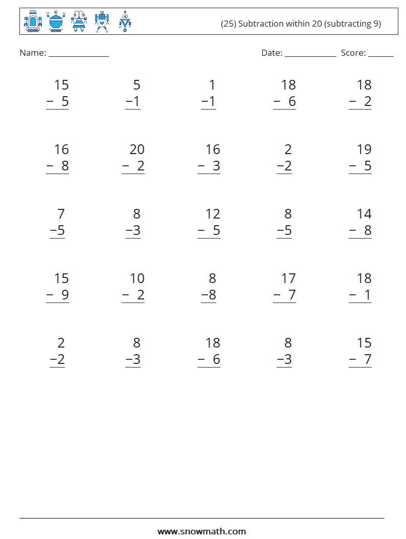 (25) Subtraction within 20 (subtracting 9) Math Worksheets 6