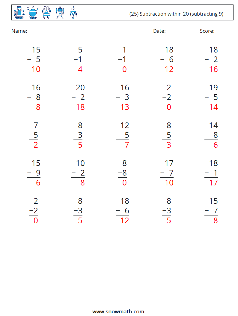 (25) Subtraction within 20 (subtracting 9) Math Worksheets 6 Question, Answer