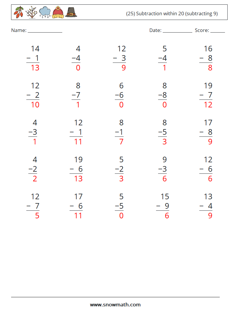 (25) Subtraction within 20 (subtracting 9) Math Worksheets 7 Question, Answer