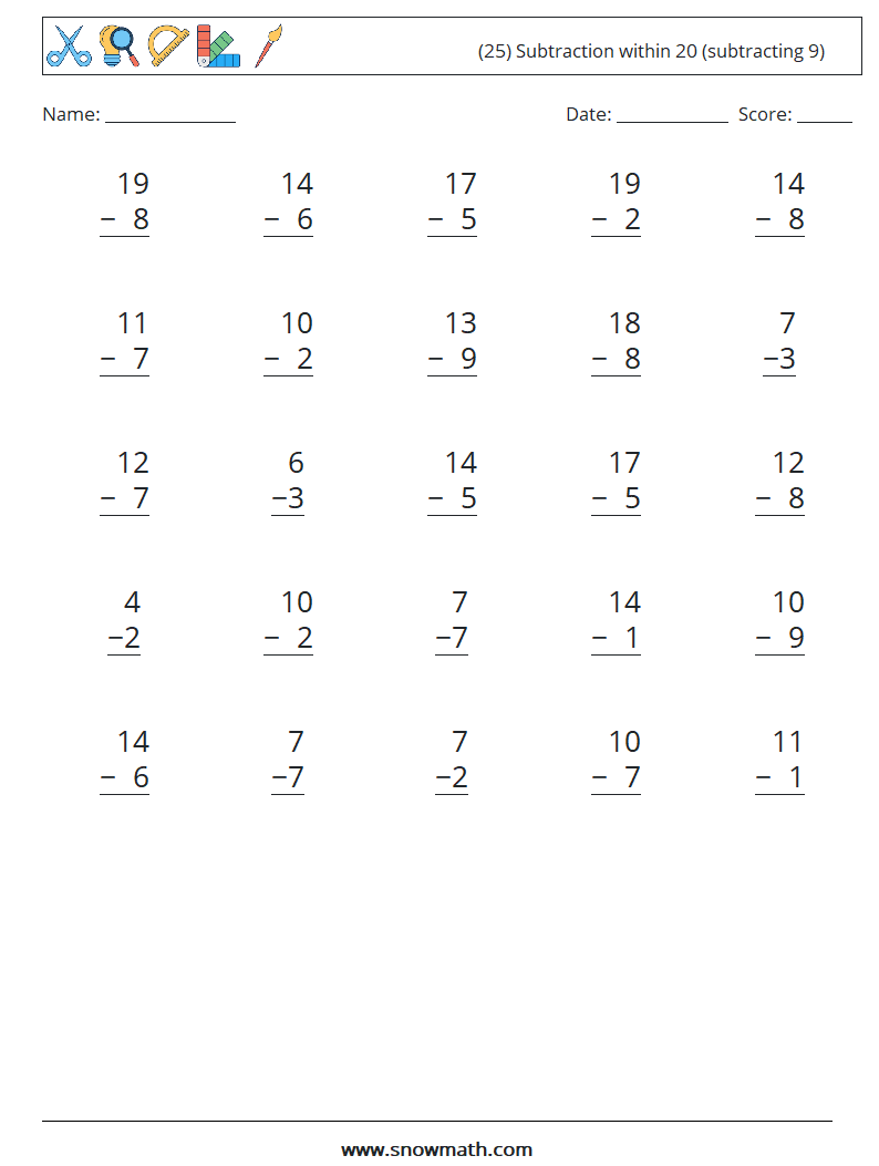 (25) Subtraction within 20 (subtracting 9) Math Worksheets 8