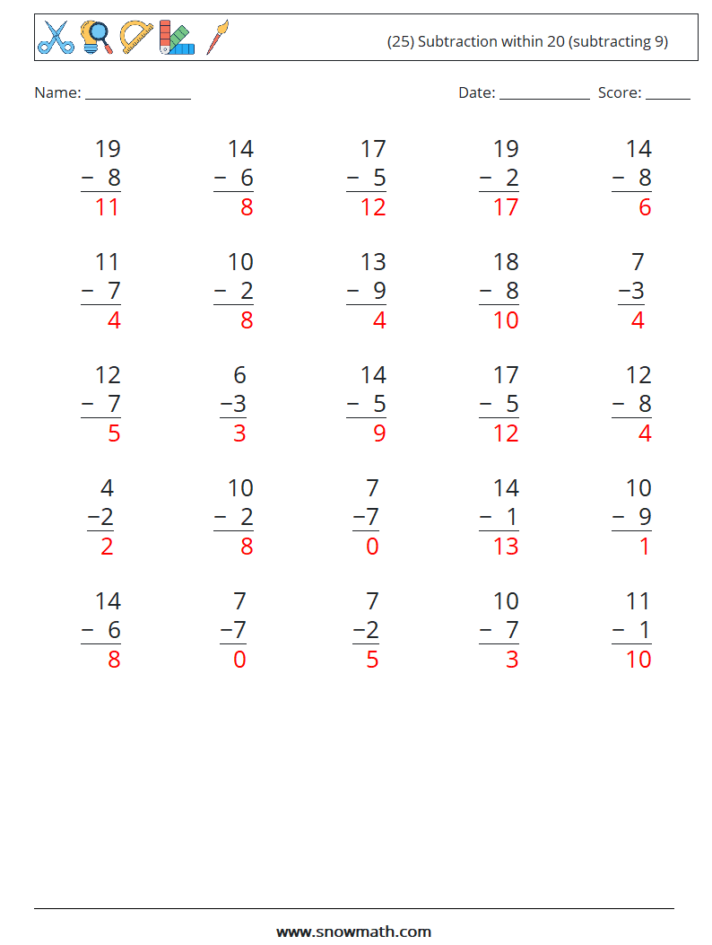 (25) Subtraction within 20 (subtracting 9) Math Worksheets 8 Question, Answer