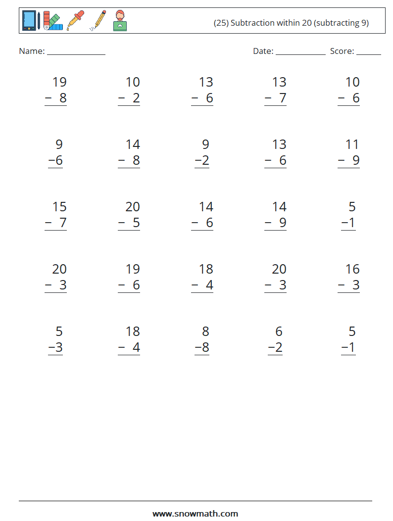 (25) Subtraction within 20 (subtracting 9) Math Worksheets 9